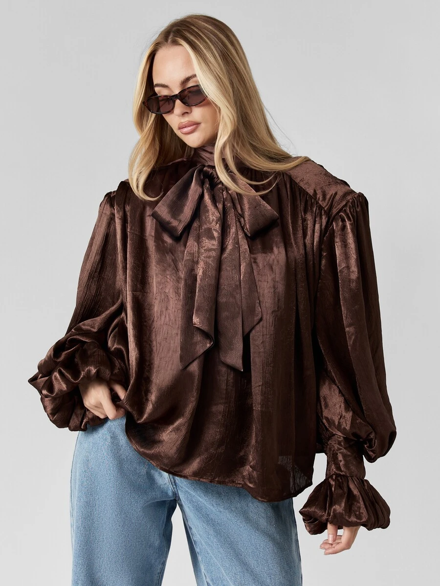MISSGUIDED Voluminous Chocolate Brown Satin Co-Ord Set With Puff Sleeve Mock Neck Top And Wide Leg Pants For Evening Occasions Autumn Winter Collection - Coffee Brown - View 1