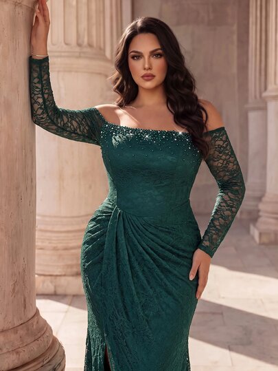 Coutiva Elegant Evening Gown With Beaded Sparkle, Sophisticated Lady Style, Slim Fit Long Dress For Banquet