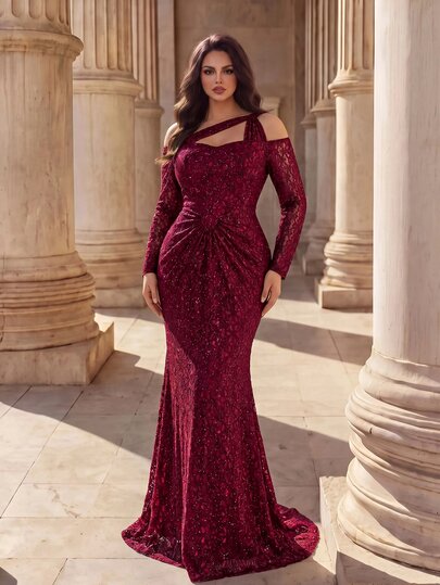 Coutiva Plus Size Women's Burgundy Lace Maxi Dress Halter Off Shoulder Ruched Waist Mermaid Hem Evening Party Gown