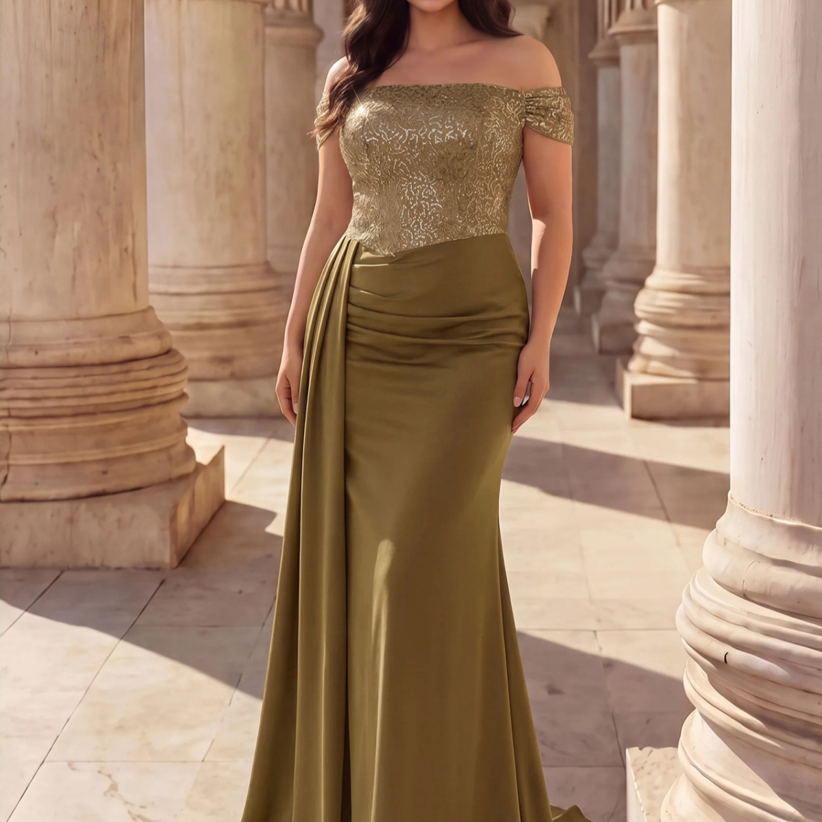 Plus Size Women's Off-Shoulder Shiny Colorblock Pleated Elegant Waist-Cinching Formal Evening Dress
