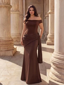 Coutiva Plus Size Formal Dinner Wedding Evening Gown (Intricate Design) Wedding Shades Of Brown Winter Classy Elegant - Brown - View 1