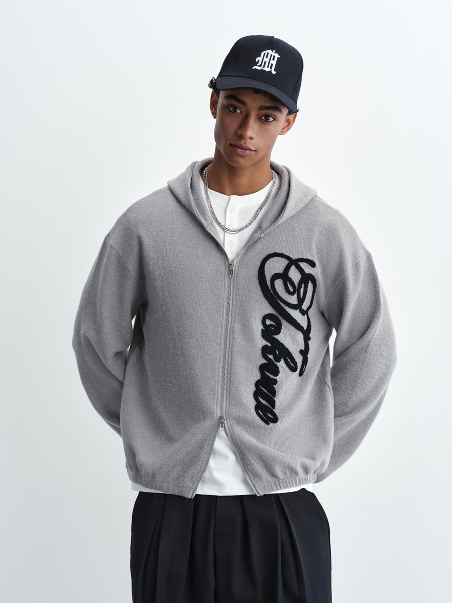 TOKVUE Men's Fashion Patchwork Embroidered Zip-Up Long Sleeve Hoodie - Grey - View 1