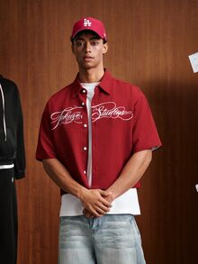 TOKVUE 男士字母印花休閒百搭日常穿著襯衫 - 紅色 - 查看 7