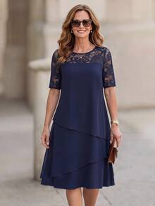 Miaspire Women's Lace Patchwork Casual Party Midi Dress - Blue - View 4