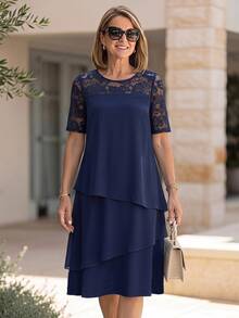 Miaspire Women's Lace Patchwork Casual Party Midi Dress - Blue - View 1