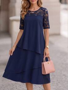 Miaspire Women's Lace Patchwork Casual Party Midi Dress - Blue - View 5