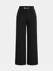 Girlism Teens Girls' Loose Elegant Straight Leg Mid-Waist Minimalist Solid Color Metal Decor Pants - Black - View 1