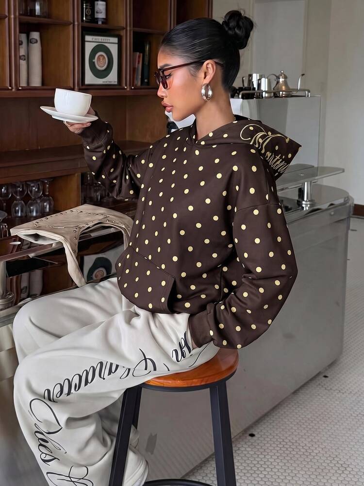 Muchica Pink Knitted Polka Dot Hooded Sweatshirt For Women - Brown - View 5