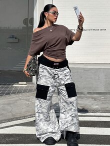 Muchica Plus Size Women's Solid Color Asymmetrical Shoulder Casual Anti Social 1920 Vintage Versatile Everyday T-Shirt Formal Going Out Night Grey Summer - Brown - View 5