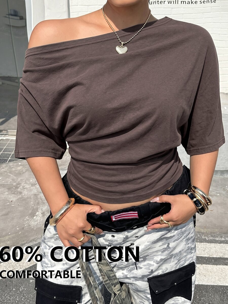 Muchica Plus Size Women's Solid Color Asymmetrical Shoulder Casual Anti Social 1920 Vintage Versatile Everyday T-Shirt Formal Going Out Night Grey Summer - Brown - View 1