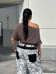 Muchica Plus Size Women's Solid Color Asymmetrical Shoulder Casual Anti Social 1920 Vintage Versatile Everyday T-Shirt Formal Going Out Night Grey Summer - Brown - View 2