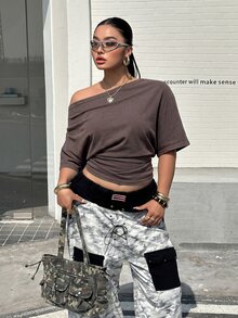 Muchica Plus Size Women's Solid Color Asymmetrical Shoulder Casual Anti Social 1920 Vintage Versatile Everyday T-Shirt Formal Going Out Night Grey Summer - Brown - View 3
