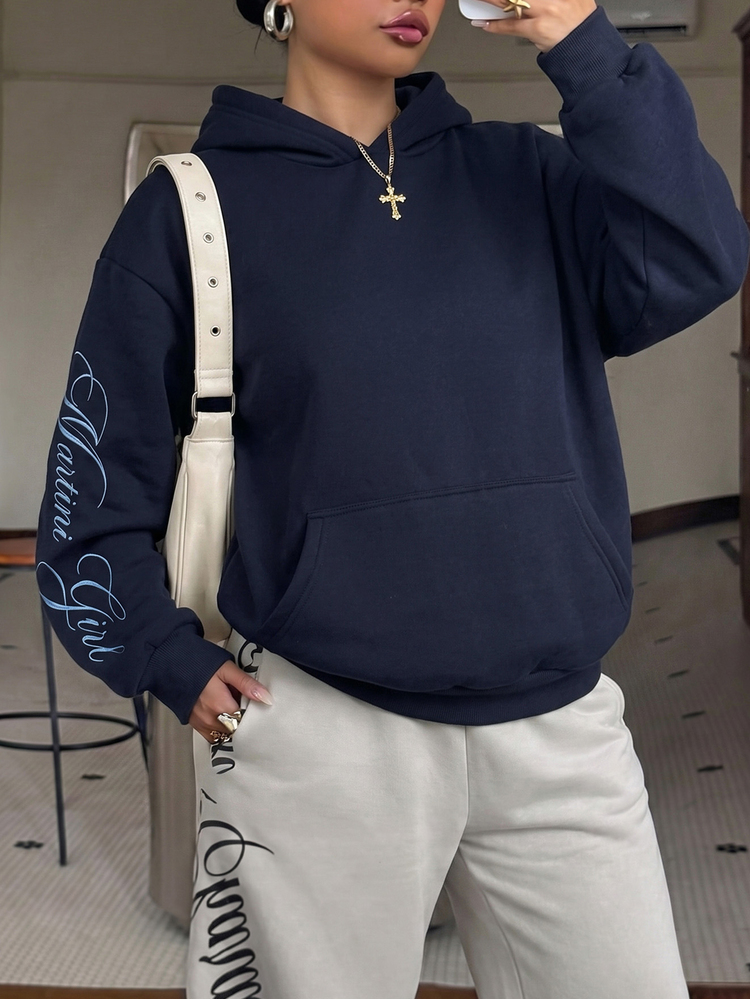 Muchica Navy Blue Letter Print Hooded Plus Size Sweatshirt Fall - Navy Blue - View 3