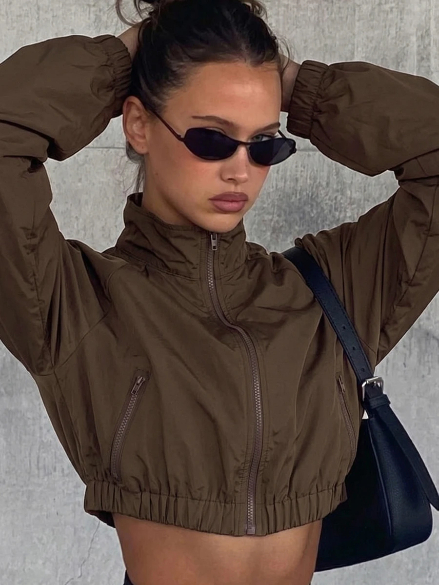 Muchica Women's Coffee Brown Cropped Fashion Zipper Long Sleeve Lightweight Jacket - Coffee Brown - View 1