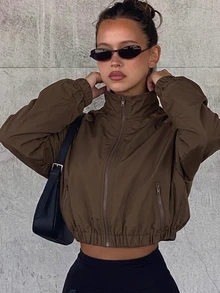 Muchica Women's Coffee Brown Cropped Fashion Zipper Long Sleeve Lightweight Jacket - Coffee Brown - View 4