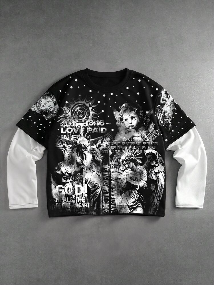 ROMWE MEN Men's Angel Print Pattern 2 Inn 1 Loose Fit T-Shirt - Black and White - View 1