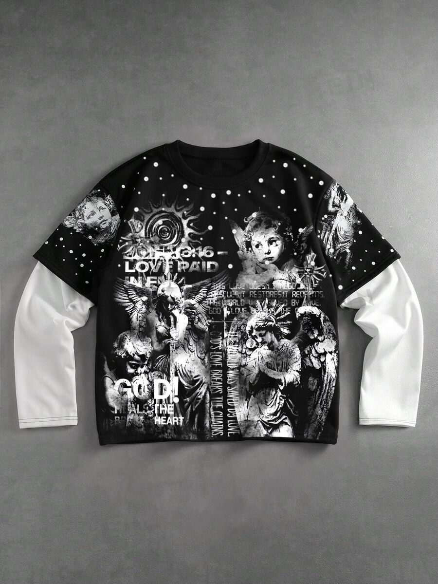 ROMWE MEN Men's Angel Print Pattern 2 Inn 1 Loose Fit T-Shirt - Black and White - View 1