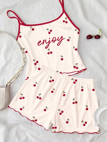 Teen Girl Casual Minimalist Slim Fit Retro Cute Mini Cherry Cami Top And Shorts Set, Summer Home Loungewear,