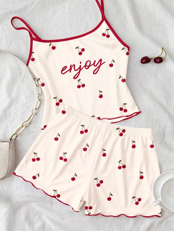 Teen Girl Casual Minimalist Slim Fit Retro Cute Mini Cherry Cami Top And Shorts Set, Summer Home Loungewear,