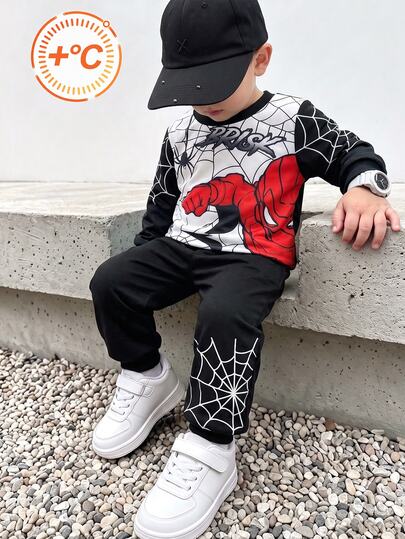 Boy Sweatshirt Set English Letter  Spider Print Knit Black And White Contrast Round Neck Long Sleeve Pullover Elastic Waist Pants Autumn Halloween