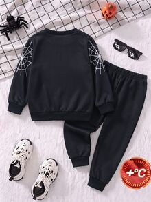 男嬰運動衫套裝，英文字母 BRISK 印花針織面料，舒適柔軟，黑白對比，圓領套頭長袖運動衫，搭配黑色鬆緊腰長褲，男童長袖長褲套裝，2件套，適合秋冬，適合 4 至 7 歲 - 彩色 - 查看 3