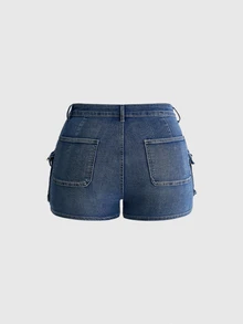 ROMWE Grunge Punk 女款夏季廢土風休閒西式龐克街頭風做舊水洗大尺碼牛仔迷你短褲 正式度假風 藍色 - 藍色 - 查看 2