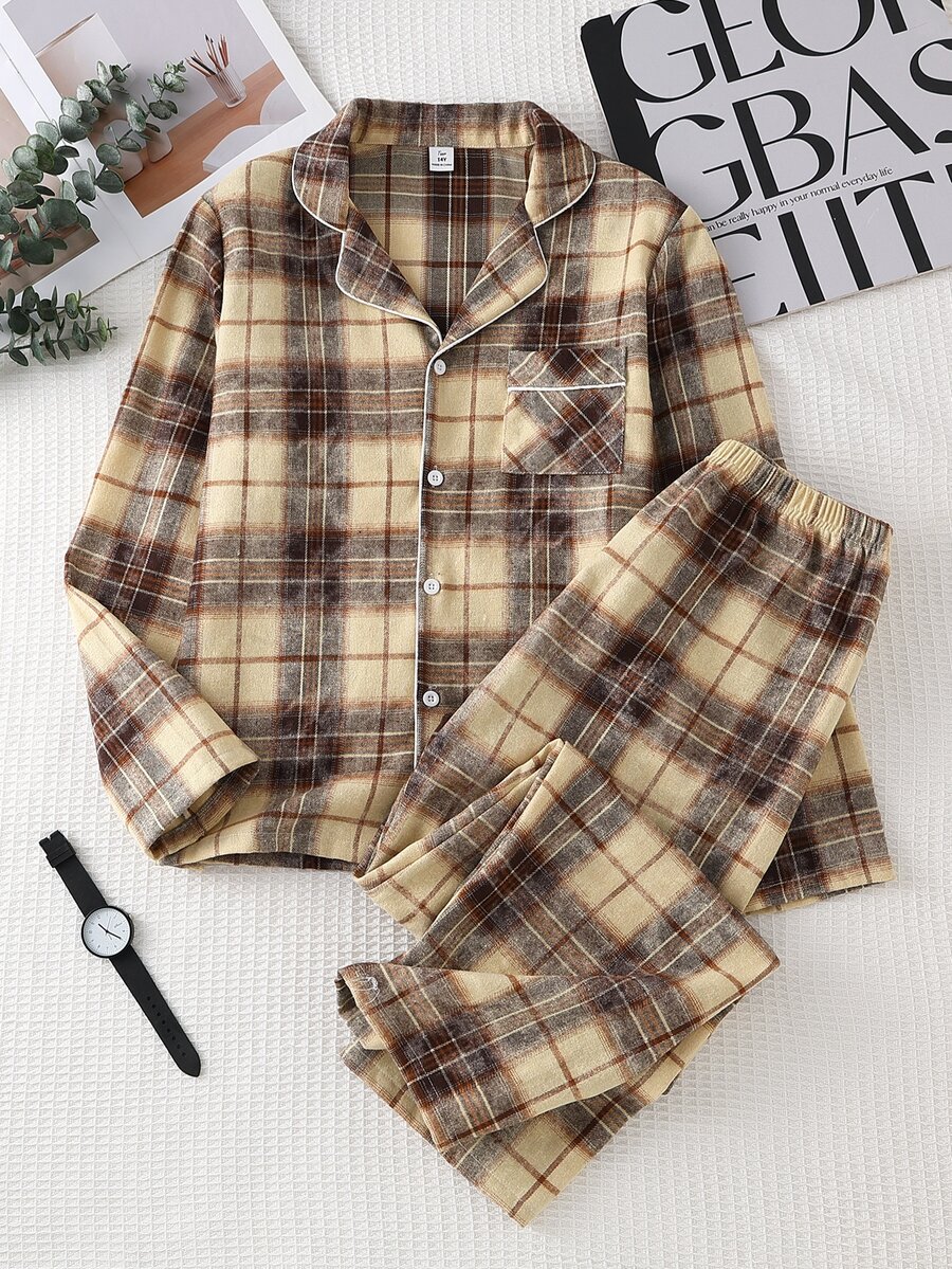 Teen Boys Plaid Open Front Lapel Long Sleeve Pants Casual Lounge Set Comfortable Homewear Autumn - Multicolor - View 1