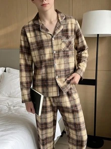 青少年男孩格紋開襟翻領長袖褲子休閒居家套裝，舒適家居服 - 彩色 - 查看 6