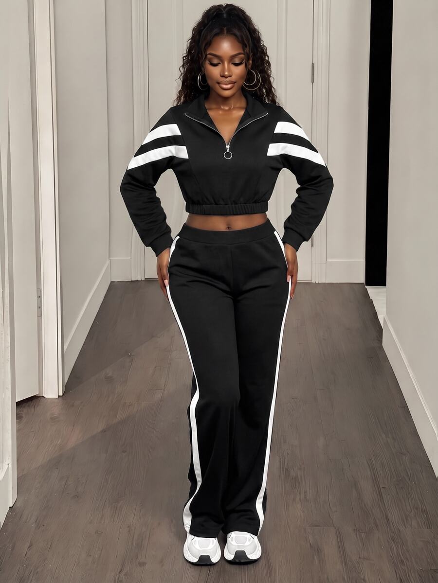 BamGleam Contrast Color Striped Cropped Sports Sweatshirt - Black - View 1