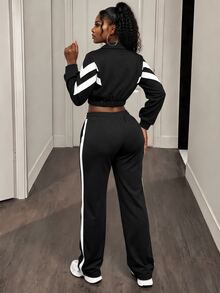 BamGleam Contrast Color Striped Cropped Sports Sweatshirt - Black - View 2