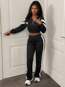 BamGleam Contrast Color Striped Cropped Sports Sweatshirt - Black - View 4