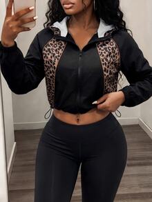 BamGleam Women's Solid Color Leopard Print Patchwork Zipper Cardigan Hooded Fashion Sports Jacket - Black - View 4