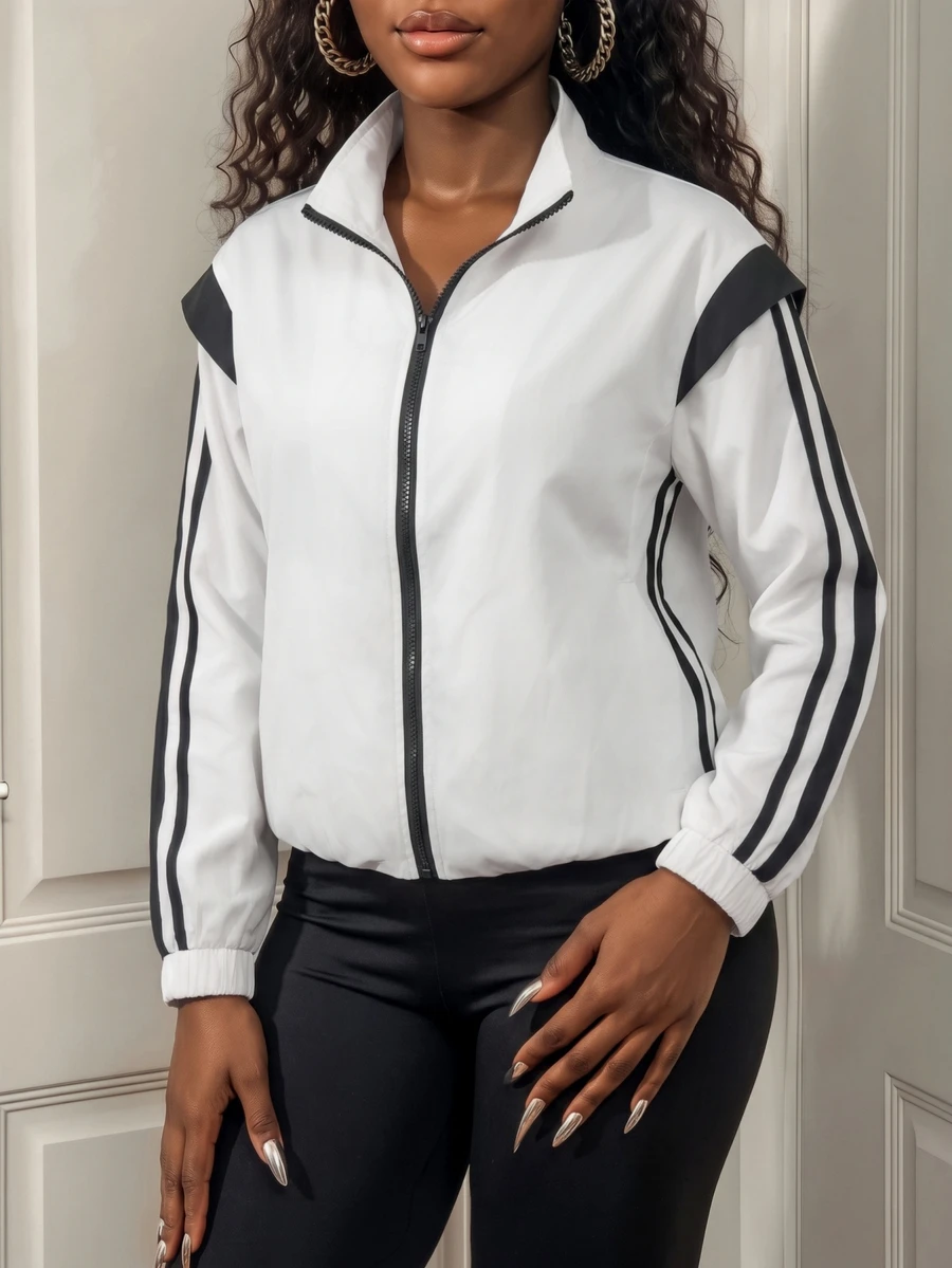 BamGleam 1 Women's Loose Fit Contrast Trim Open Front Casual Sports Jacket - White - View 1