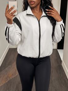 BamGleam 1 Women's Loose Fit Contrast Trim Open Front Casual Sports Jacket - White - View 3