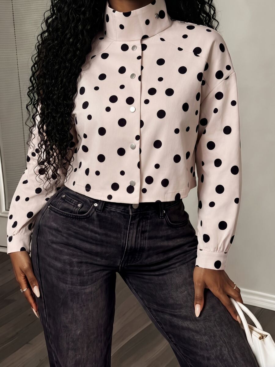 BamGleam Women's Autumn/Winter Polka Dot Print Casual Sports Apricot Long Sleeve Jacket - Apricot - View 1