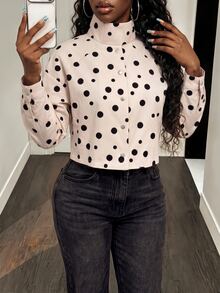 BamGleam Women's Autumn/Winter Polka Dot Print Casual Sports Apricot Long Sleeve Jacket - Apricot - View 4