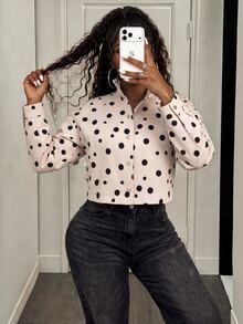 BamGleam Women's Autumn/Winter Polka Dot Print Casual Sports Apricot Long Sleeve Jacket - Apricot - View 3
