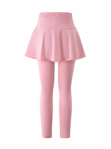 SHEIN 青少年女孩緊身褲，休閒優雅裙褲二合一蝴蝶結圖案，適合春、秋、夏季穿著，完美適合作為外出穿搭 - 粉色 - 查看 2