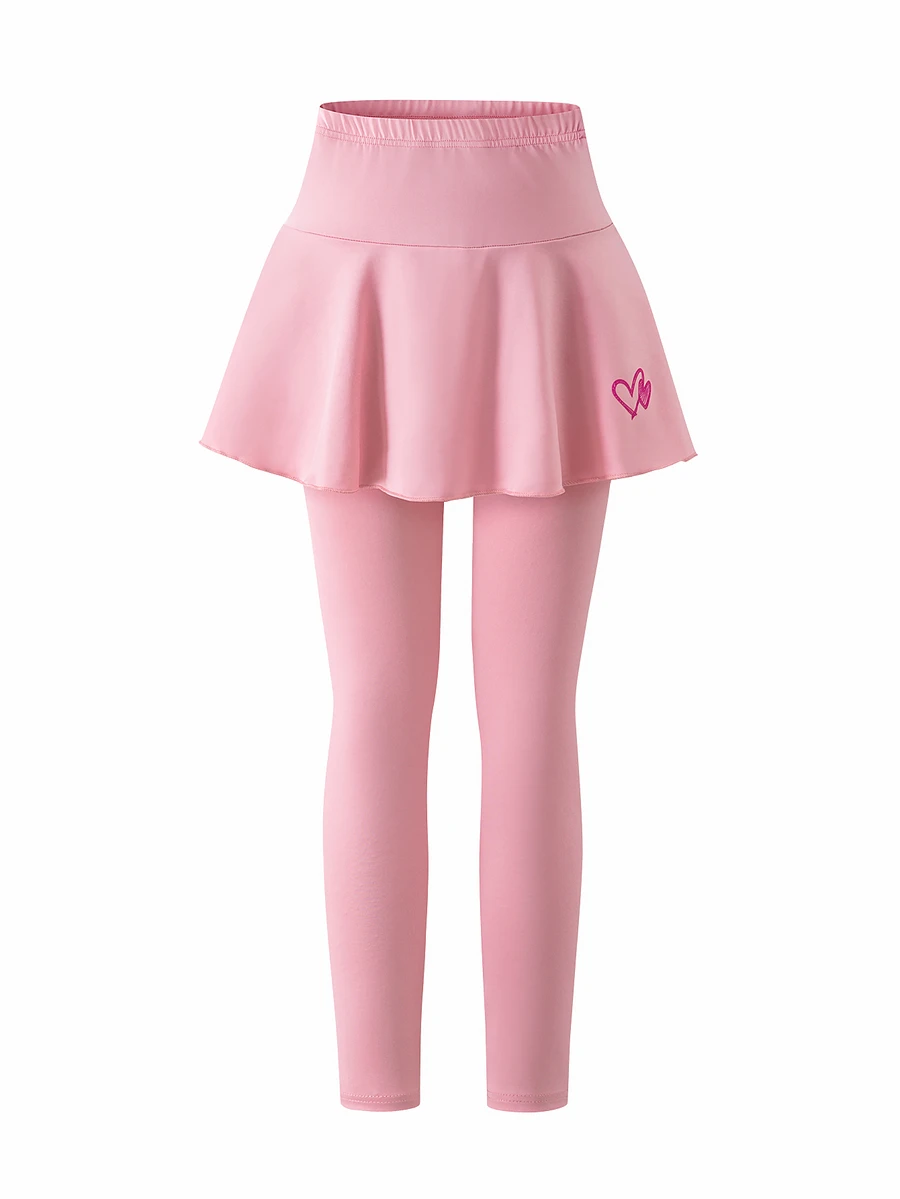 SHEIN 青少年女孩緊身褲,休閒優雅裙褲二合一蝴蝶結圖案,適合春、秋、夏季穿著,完美適合作為外出穿搭 - 粉色 - 查看 1
