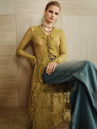 Arave Women Lace Cover-Up Long Fit Lace V Neck Ruffle Placket Crochet Vintage Boho Elegant Olive Green Blue Women's Cover Up Beach Cover Up Summer