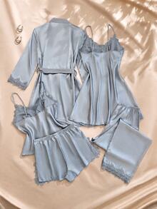 Charlaine 5pcs Set Contrast Color Trim Decor Faux Silk Camisole Top & Shorts & Pants & Belted Robe & Sleep Dress, Fall Winter Clothes - Dusty Blue - View 2