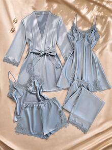Charlaine 5pcs Set Contrast Color Trim Decor Faux Silk Camisole Top & Shorts & Pants & Belted Robe & Sleep Dress, Fall Winter Clothes - Dusty Blue - View 1