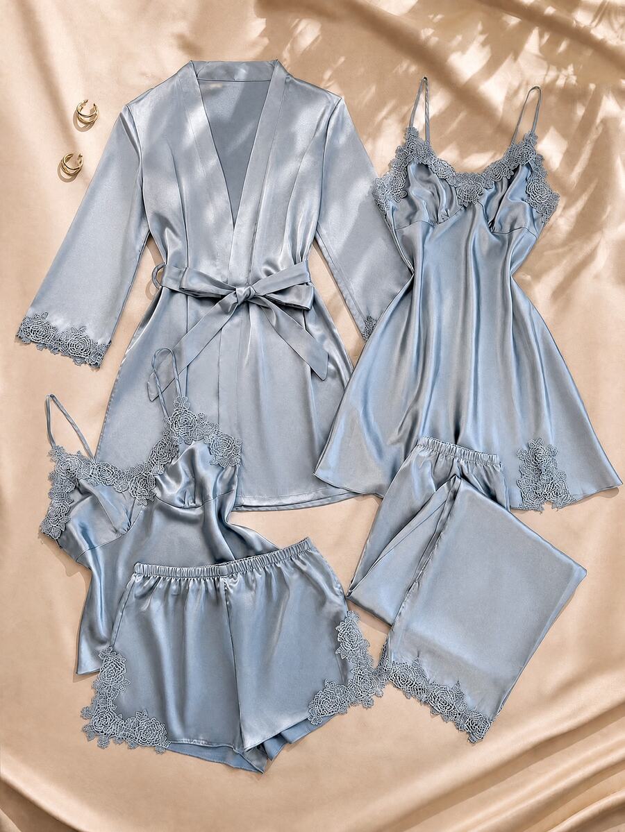 Charlaine 5pcs Set Contrast Color Trim Decor Faux Silk Camisole Top & Shorts & Pants & Belted Robe & Sleep Dress, Fall Winter Clothes - Dusty Blue - View 1