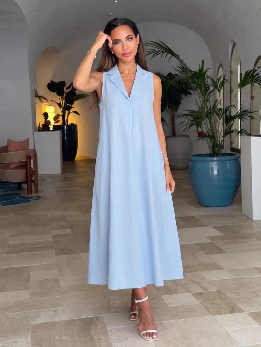 Alya Khalil Loose Elegant Retro Relaxed Vacation Island Travel A-Line Sleeveless Dress For Women Summer - Blue - View 1