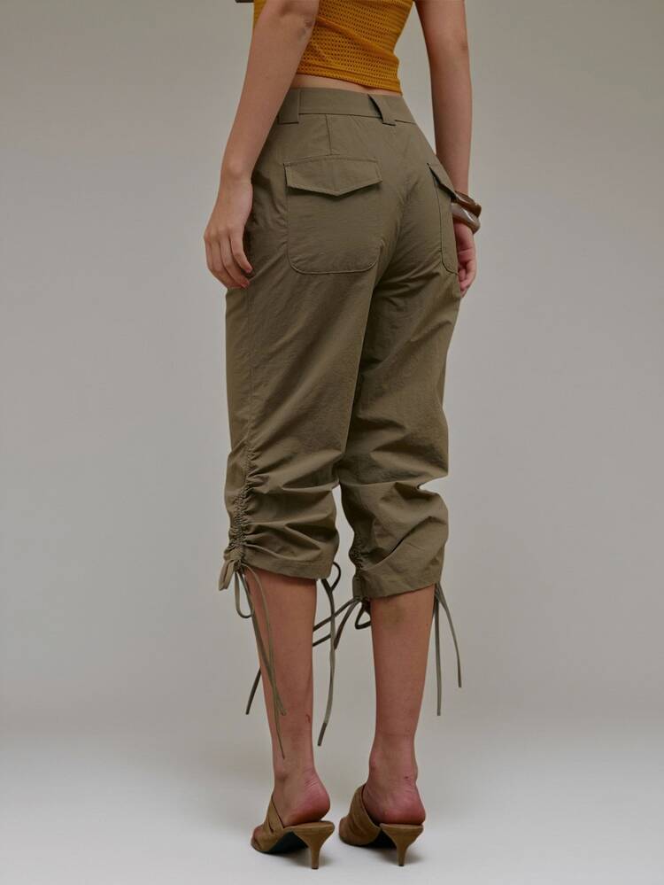 MUSERA Khaki Utility Ruched Leg Tie Capri Pant Summer Autumn Everyday Date Night Holiday Vacation Dazed - Olive Green - View 5