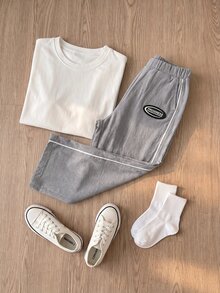 SHEIN 兒童男童 1件 運動休閒學院風 百搭簡約實用舒適直筒長褲 春夏秋冬款 - 淺灰色 - 查看 3