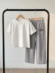 SHEIN 兒童男童 1件 運動休閒學院風 百搭簡約實用舒適直筒長褲 春夏秋冬款 - 淺灰色 - 查看 5