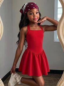 SHEIN 少女休閒時尚波點掛脖A字洋裝 - 紅色 - 查看 3