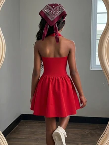 SHEIN 少女休閒時尚波點掛脖A字洋裝 - 紅色 - 查看 5