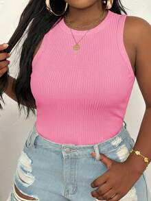 Slaydiva 92% Cotton Ribbed Tank Top Plus Size Casual Basic Slim Fit Rose Red Round Neck Off Shoulder Tank - Hot Pink - View 5